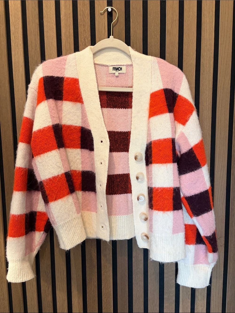 FRNCH Pink, Red & Burgundy Check Mohair-Blend Cardigan